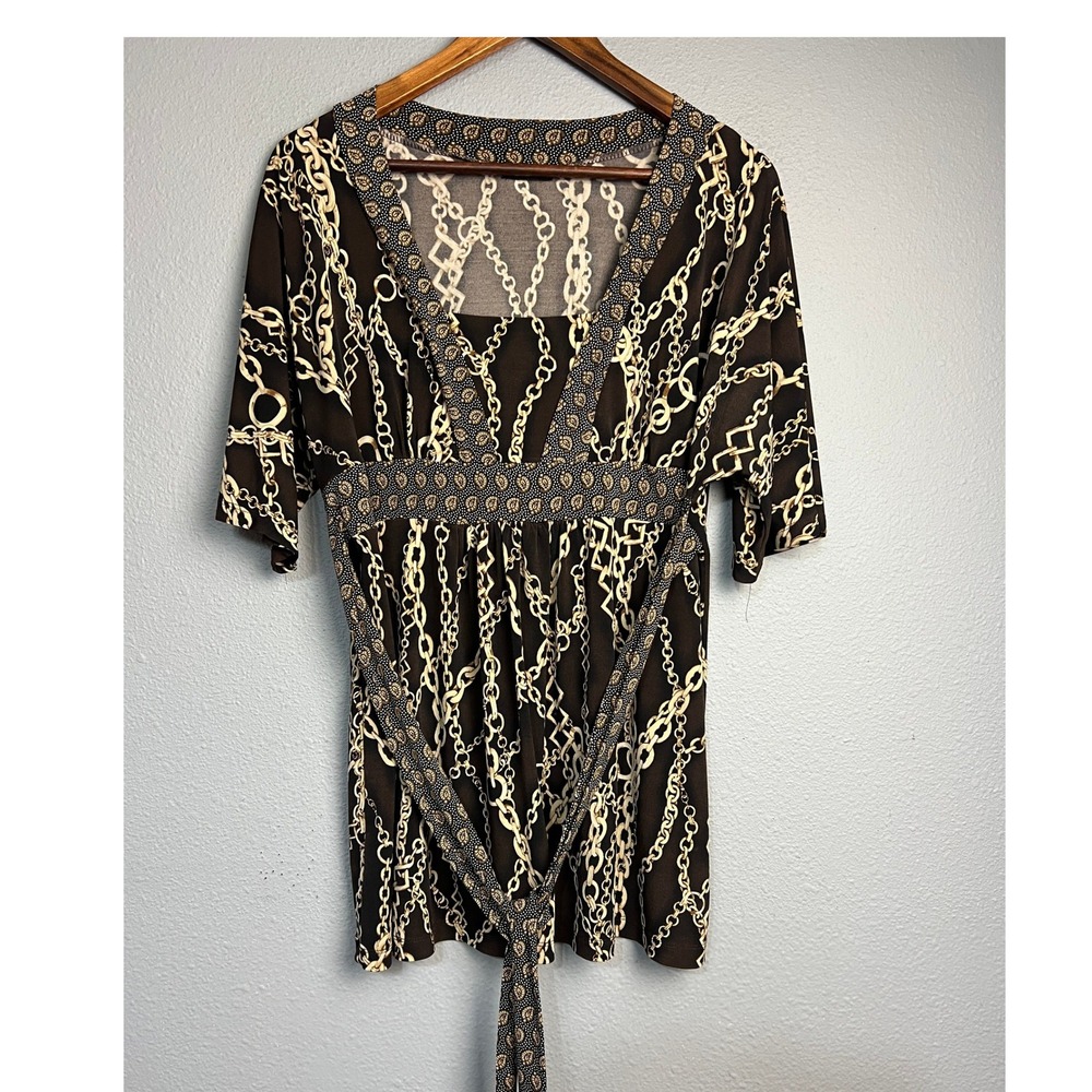 Cocomo Brown Cream Chain Link Print Empire Waist Tunic Top V-Neck Tie Back Artsy